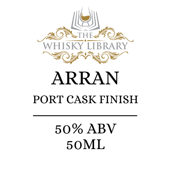 Whisky label for Arran Port Cask Finish with The Whisky Library branding.