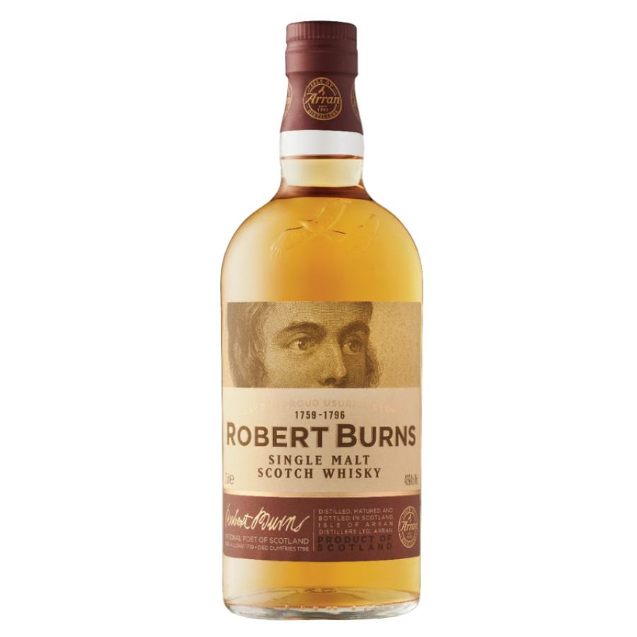 Bottle of Robert Burns Single Malt Scotch Whisky on a white background