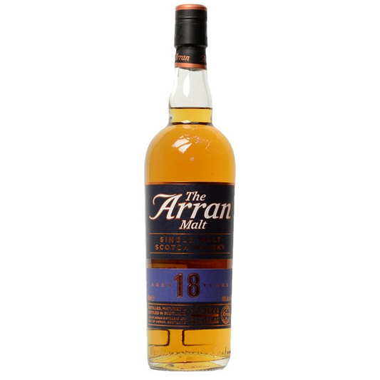 A bottle of Arran 18 Older Presentation single malt Scotch whisky with a label that includes the brand name and the age statement.
