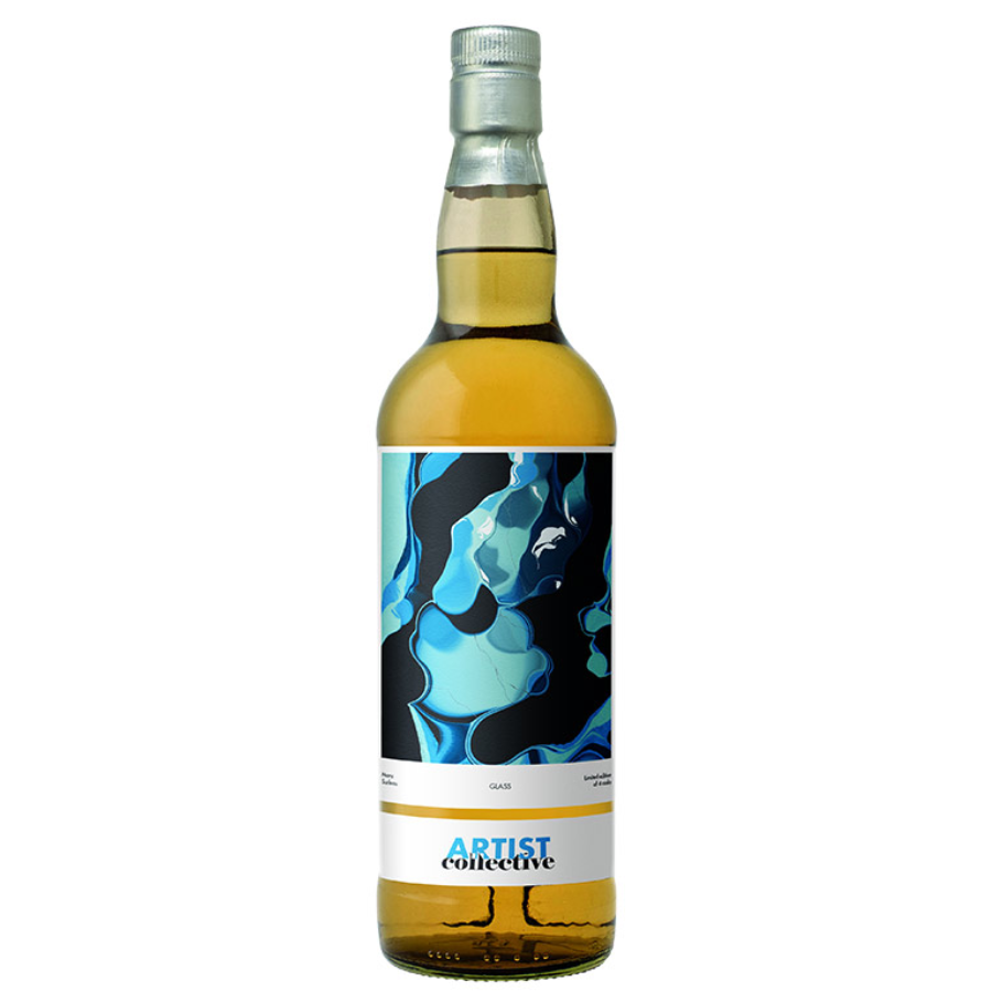 Bottle of alcohol with a colorful label on a white background