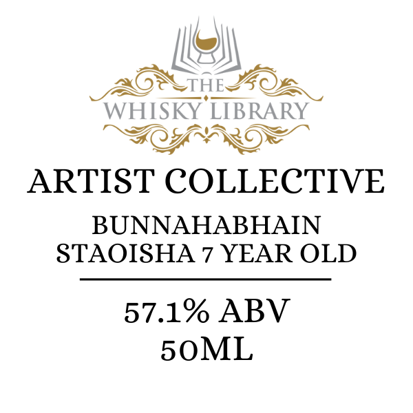 Whisky label for Bunnahabhain Staoisha 7 Year Old from The Whisky Library Artist Collective on a white background.