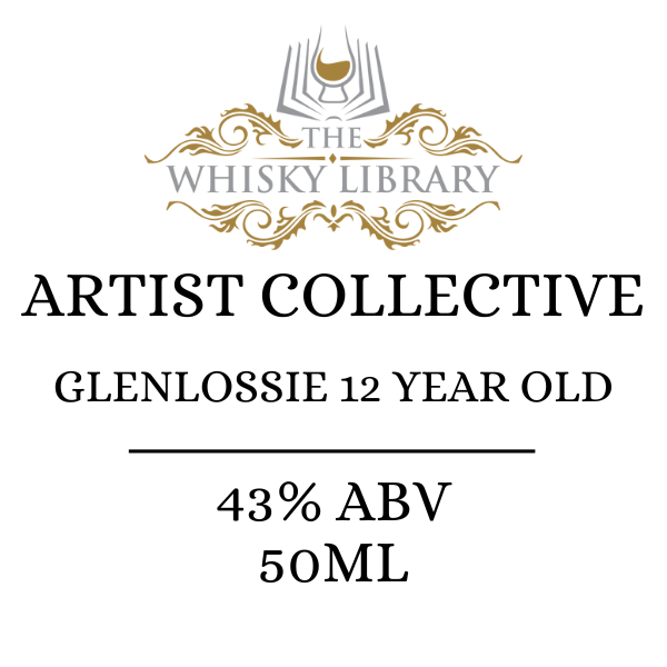 Whisky label for 'Artist Collective Glenlossie 12 Year Old' from The Whisky Library on a white background.