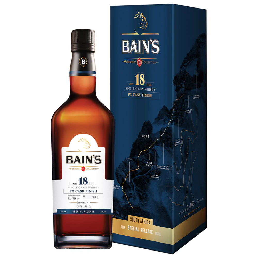 A bottle of Bain's 18 Year Old PX Finish whisky next to its packaging box, which features a dark blue color scheme and a map of South Africa.