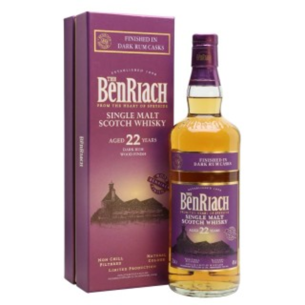 Bottle of Benriach 22 Year Old Dark Rum with its packaging box. The bottle has a purple label and the box features an image of the distillery.
