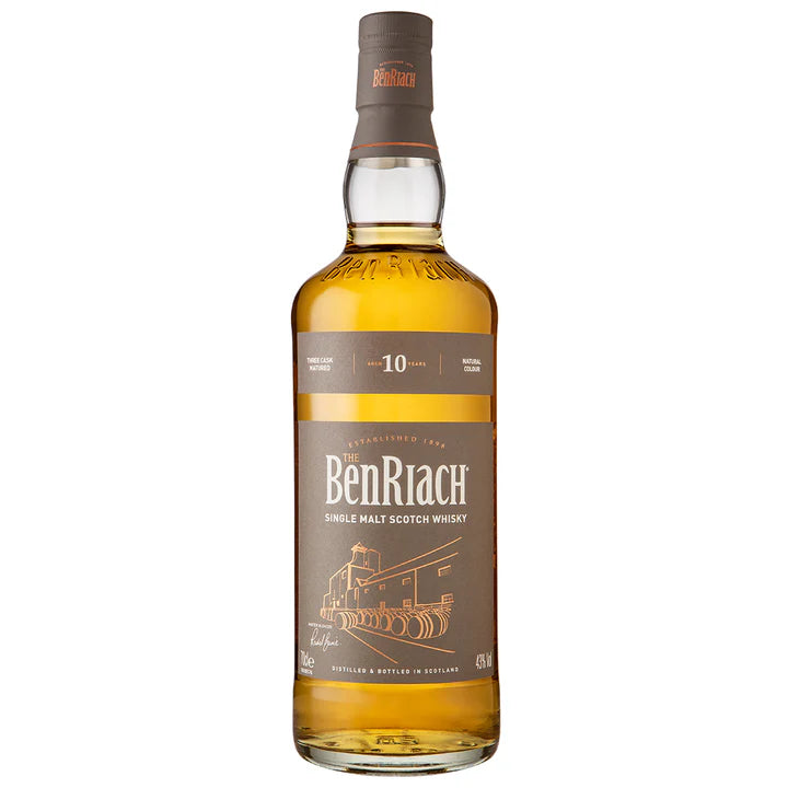 A bottle of Benriach 10 Year Old single malt Scotch whisky with a label showing the brand, the age, and an illustration of a whisky distillery.