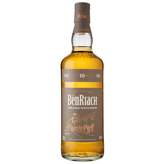 A bottle of Benriach 10 Year Old single malt Scotch whisky with a label showing the brand, the age, and an illustration of a whisky distillery.