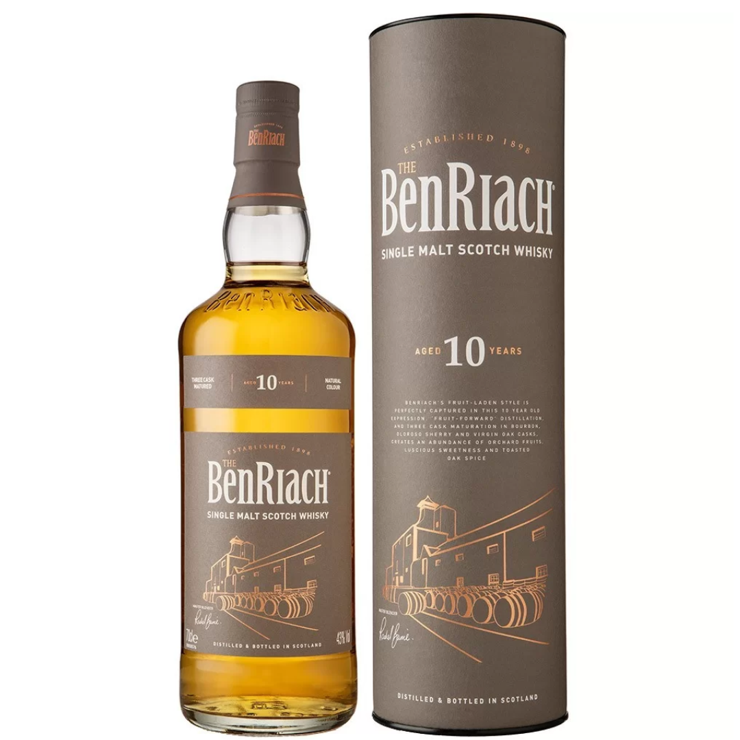 Benriach 10 Single Malt Scotch Bottle and the Box in the white background.