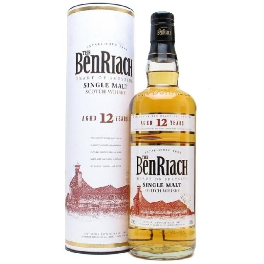 BenRiach 12-year-old single malt Scotch whisky bottle and packaging on a white background