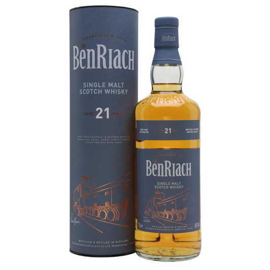 Benriach 21yo bottle and the box in the white background