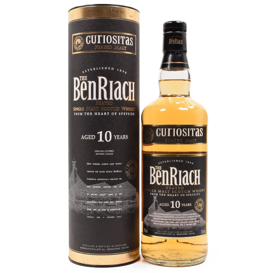 Benriach Curiositas 10yo Peated Malt bottle and box in the white background