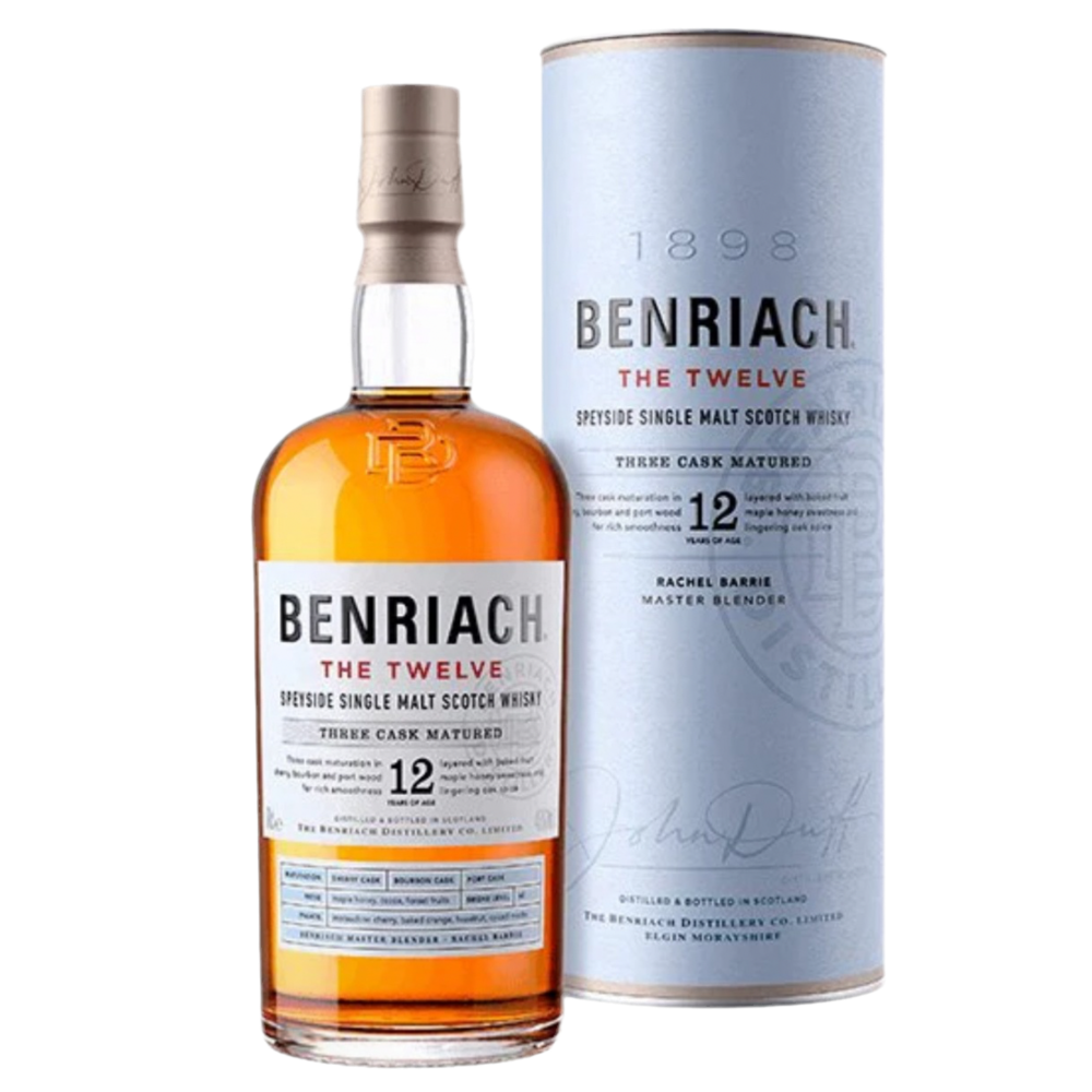 Beriach the twelve 12yo Scotch Bottle and the box in the white background.