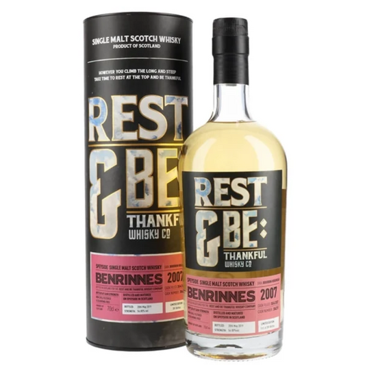 Bottle and packaging of Rest & Be Thankful Benrinnes 2007 whisky on a white background