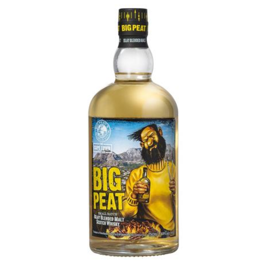 Big Peat whisky bottle with a person in a yellow outfit on the label against a white background