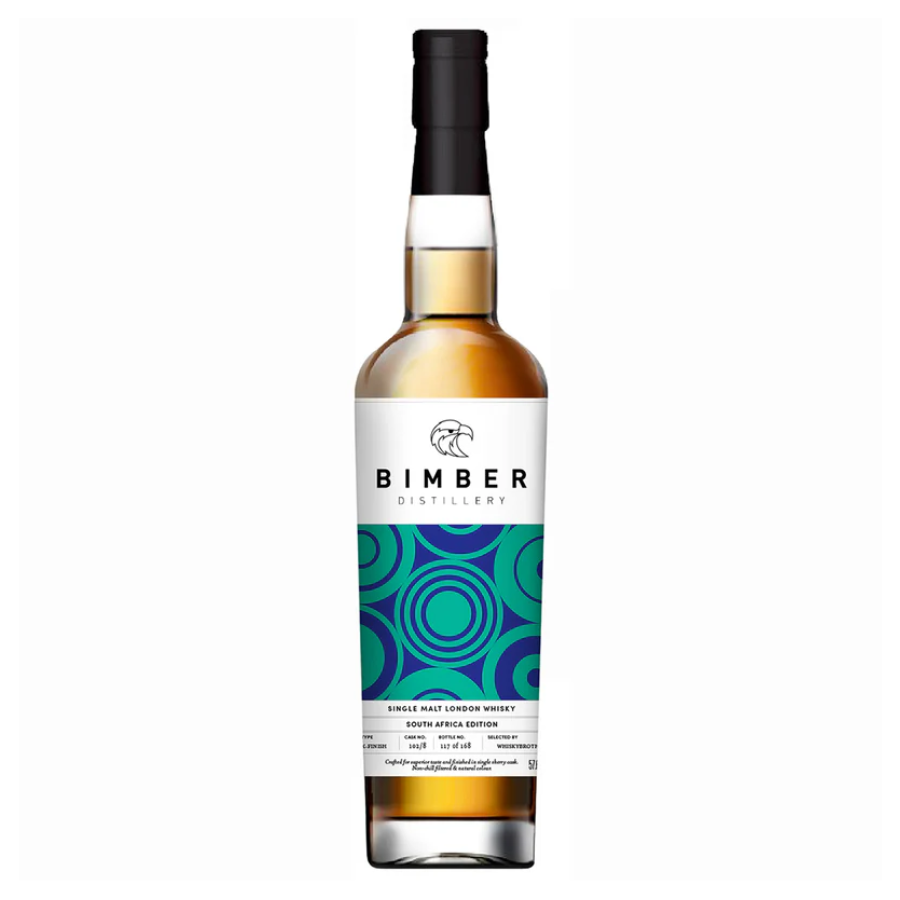 Bimber Distillery whiskey bottle with a white label featuring blue circular patterns on a white background