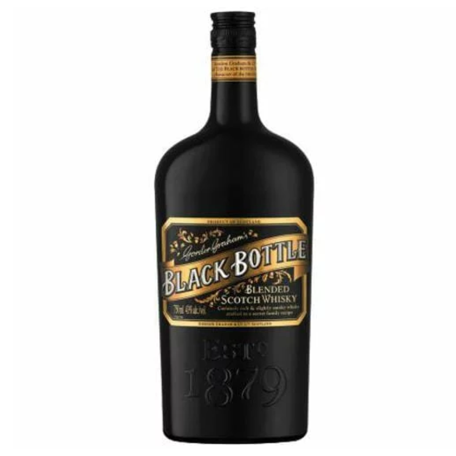 Black Bottle blended Scotch Whisky bottle on a white background