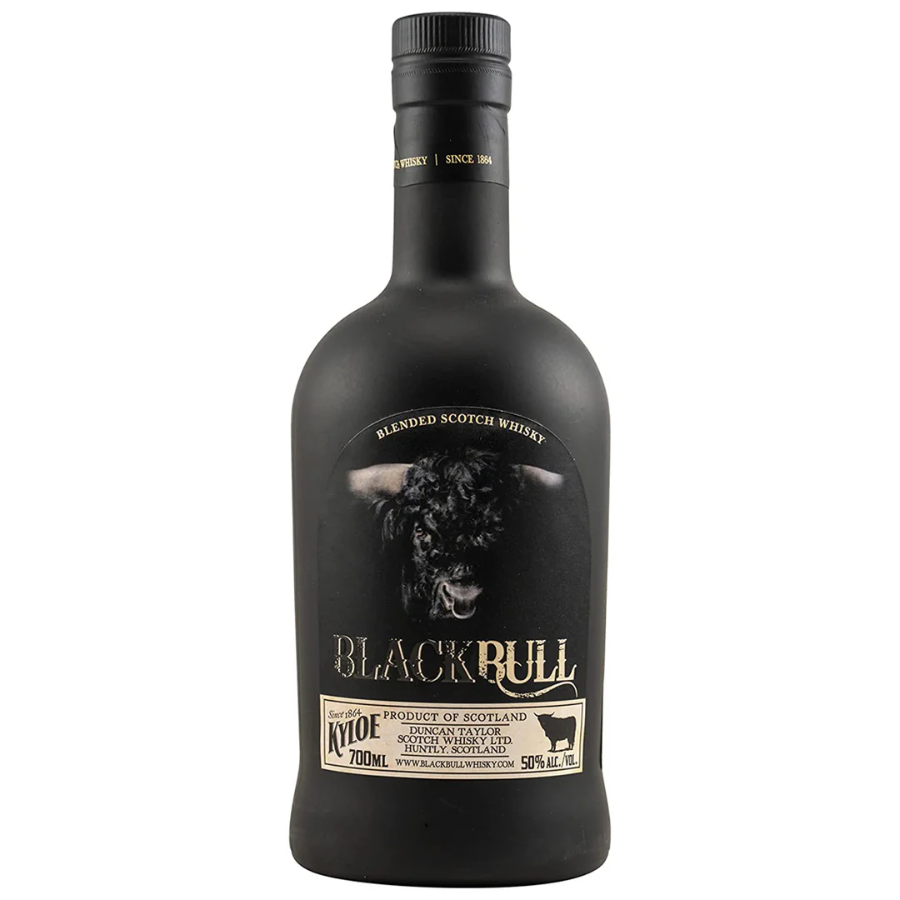 Black Bull blended Scotch whisky bottle on a white background