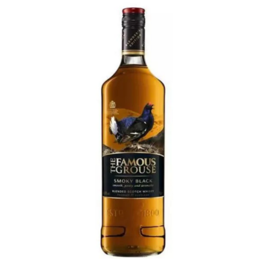 Bottle of The Famous Grouse Smoky Black whisky on a white background
