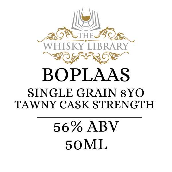 Whisky label for Boplaas Single Grain 8YO Tawny Cask Strength from The Whisky Library on a white background.