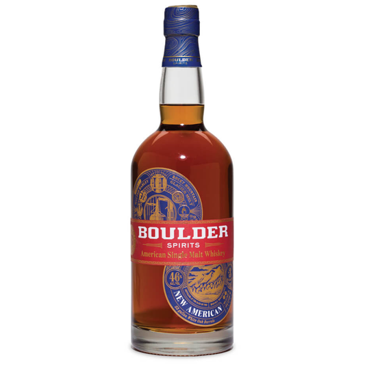 Bottle of Boulder Spirits American Single Malt Whiskey on a white background