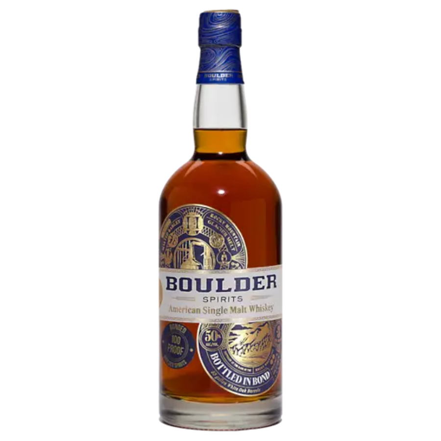 Bottle of Boulder Spirits American Single Malt Whiskey on a white background