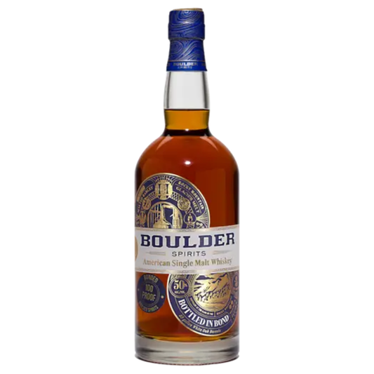 Bottle of Boulder Spirits American Single Malt Whiskey on a white background