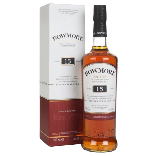 Bowmore 15-year-old whisky bottle and box on a white background