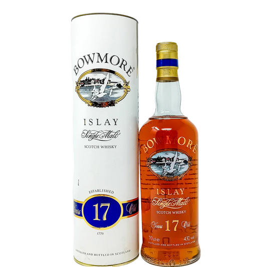 Bowmore 17-year-old Islay Single Malt Scotch Whisky bottle and packaging on a white background