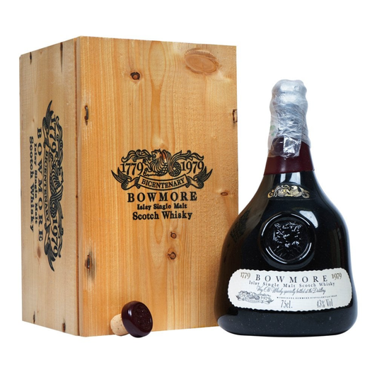 Bowmore whisky bottle with wooden crate on a white background