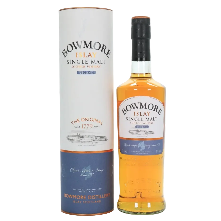 Bowmore Islay Single Malt Scotch Whisky bottle and packaging on a white background