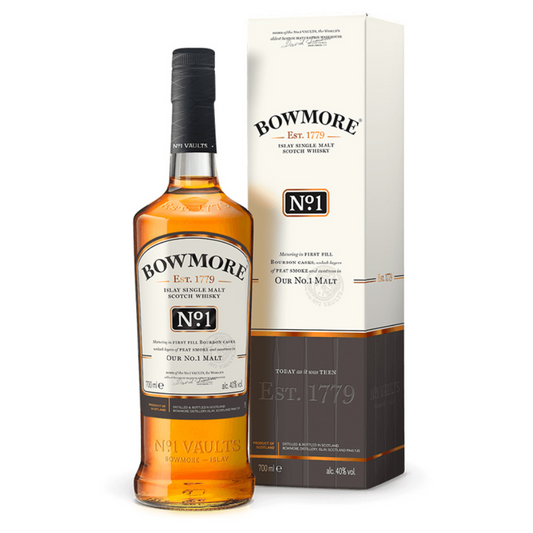 Bowmore whisky bottle and packaging on a white background