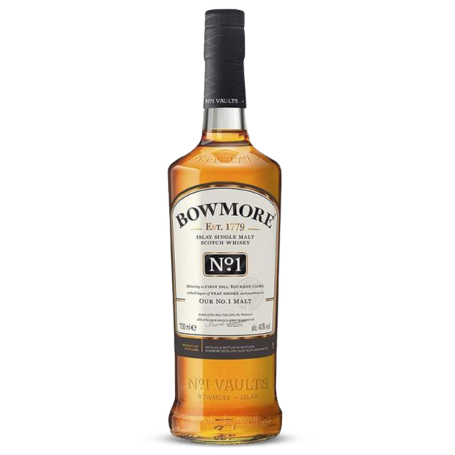 Bowmore whisky bottle on a white background