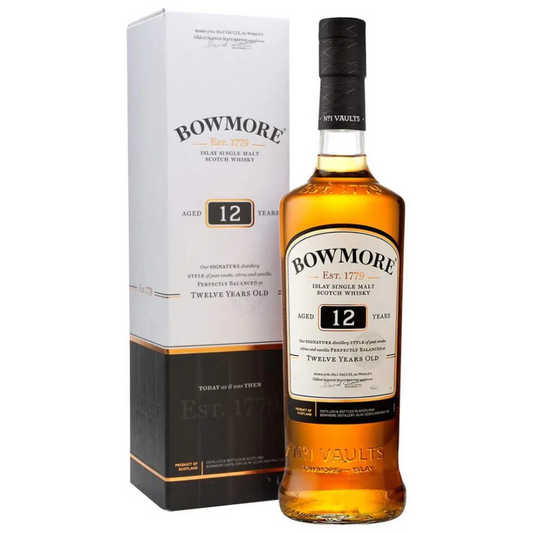 A bottle of Bowmore 12 Year Old single malt Scotch whisky next to its packaging box.