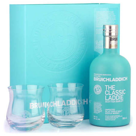 Bruichladdich classic laddie whisky bottle and glasses with teal packaging