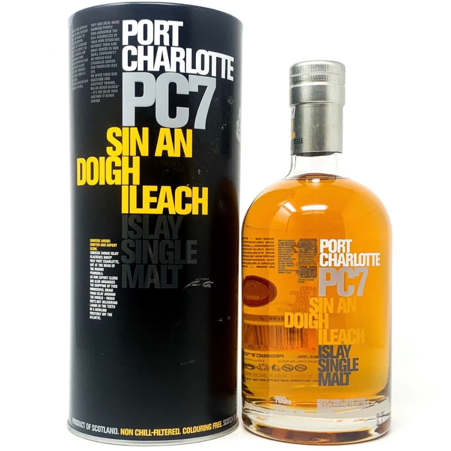 Port Charlotte PC7 whisky bottle and packaging on a white background