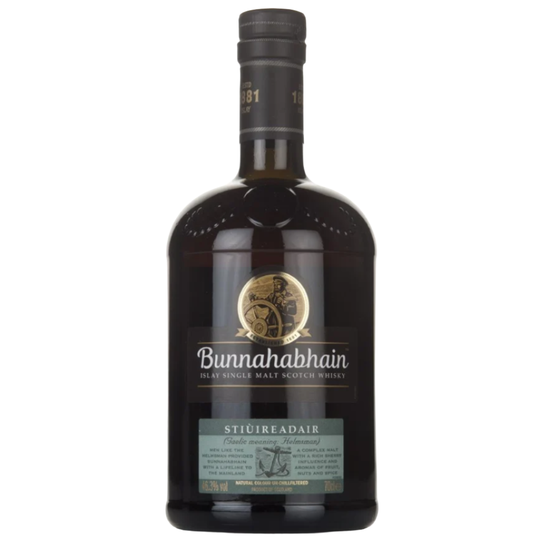 Bunnahabhain Stiuireadair bottle on a white background. 