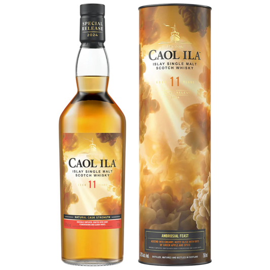 Caol Ila 11yo 2024 release whisky bottle and packaging on a white background