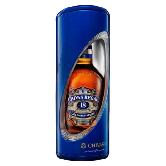 Chivas Regal 18-year-old whiskey bottle in a blue packaging on a white background