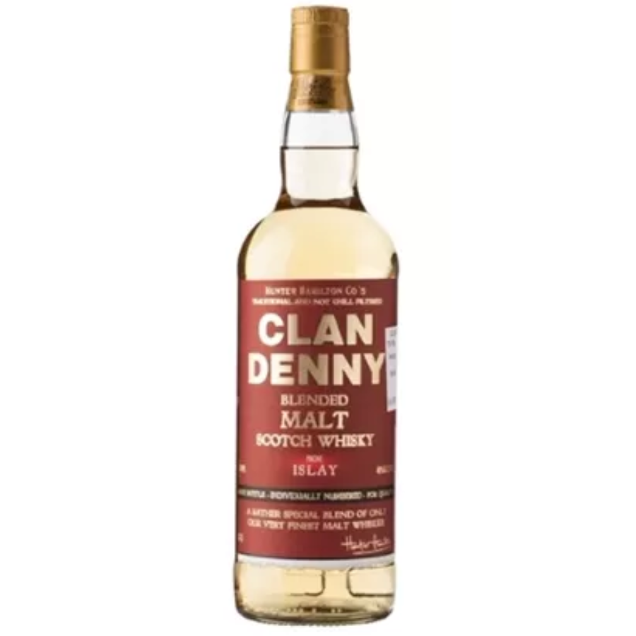 Bottle of Clan Denny Blended Malt Scotch Whisky on a white background