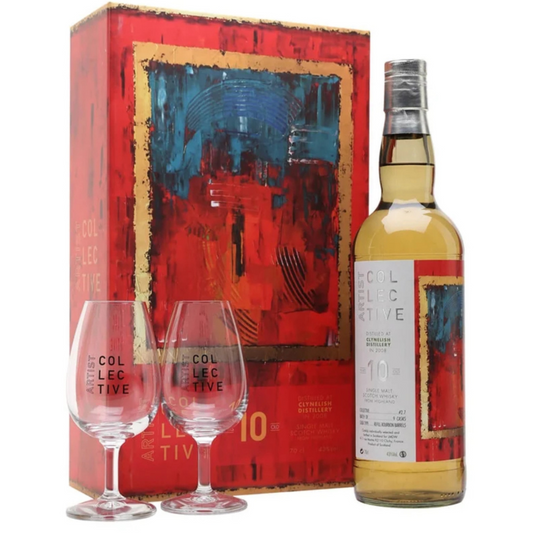 Bottle and glasses of a whisky brand with a red and blue abstract design box in the background
