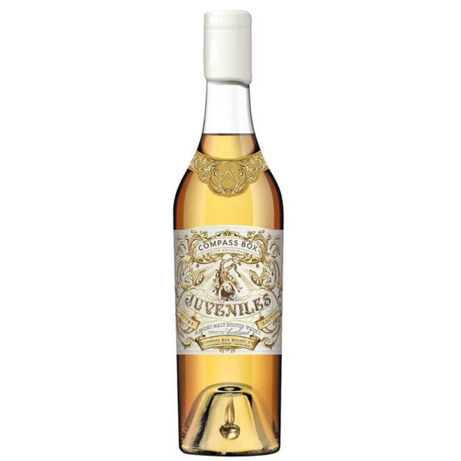 Bottle of Compass Box Juveniles whisky on a white background