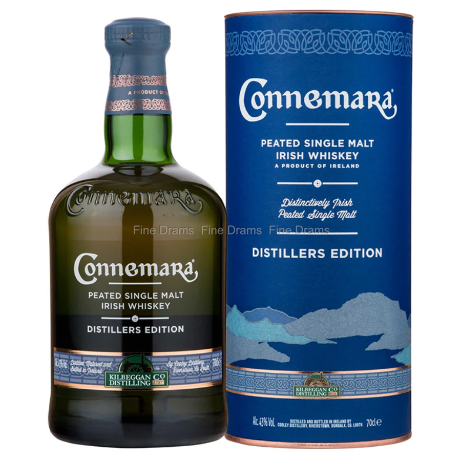 Connemara Peated Single Malt Irish Whiskey bottle and packaging on a white background