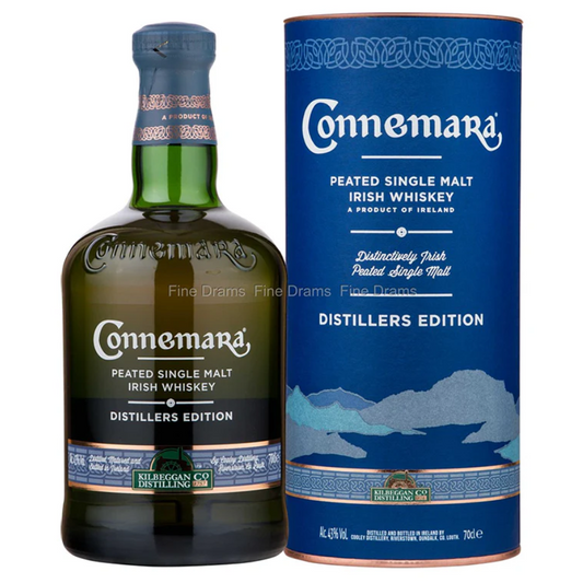 Connemara Peated Single Malt Irish Whiskey bottle and packaging on a white background