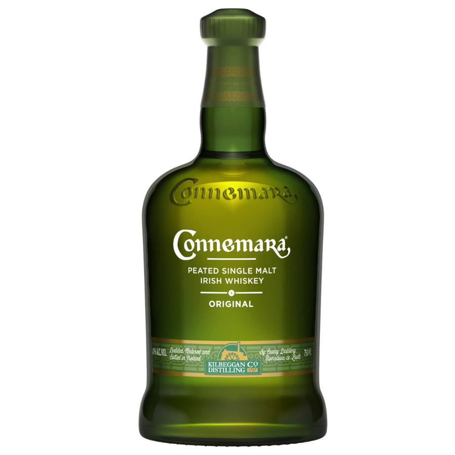 Green bottle of Connemara Peated Single Malt Irish Whiskey on a white background