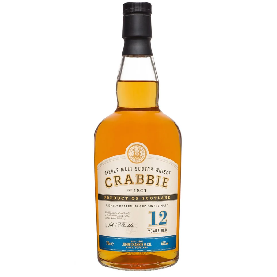 Bottle of Crabbie 12-year-old single malt Scotch whisky on a white background