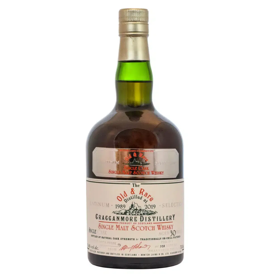 Bottle of Old & Rare single malt Scotch whisky with a visible label on a white background