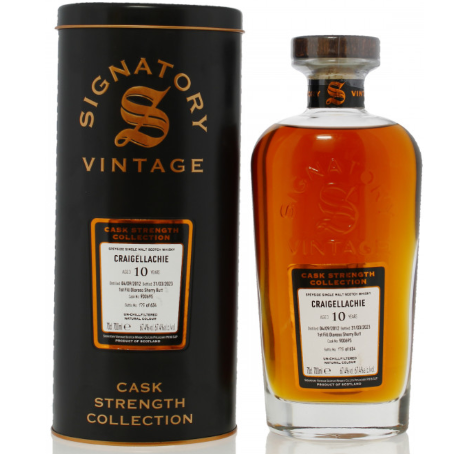 Craigellachie 2012 Signatory Vintage Cask Strength Collection 67.4% whisky bottle displayed with original tin