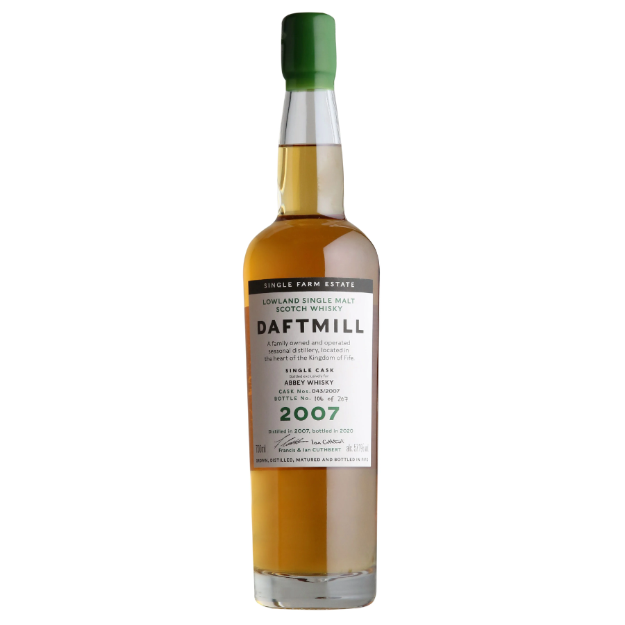 Daftmill whisky bottle with a green cap on a white background