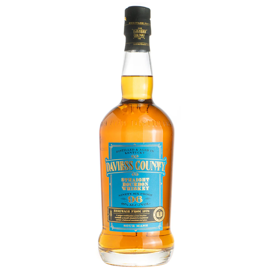 Bottle of Davy's County bourbon whiskey on a white background