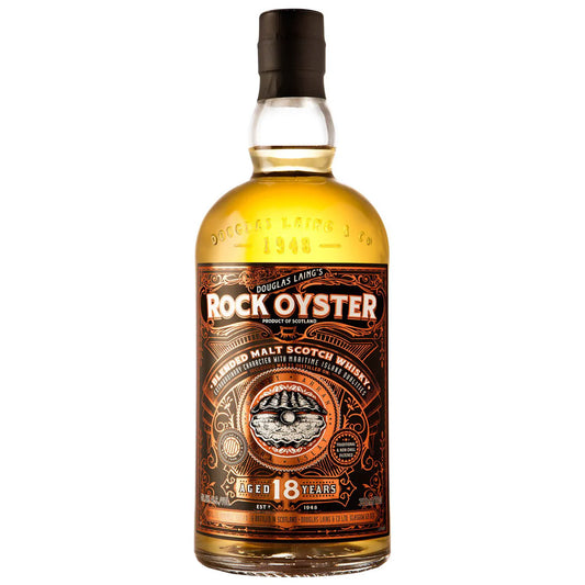 A bottle of Douglas Laing's Rock Oyster 18 Scotch whisky with a detailed, vintage-style label.