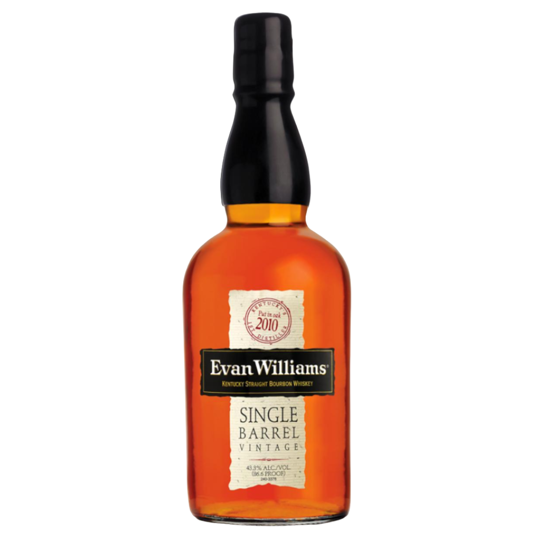 A bottle of Evan Williams Single Barrel 2010 bourbon whiskey with a label and cap, against a plain background.